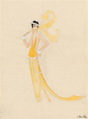 MAX RÉE. Group of 5 watercolor and ink drawings of costume designs for 1920s Broadway productions.